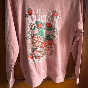 Pink Graphic Lightweight Sweatshirt Strawberry Shortcake Life is Precious Design